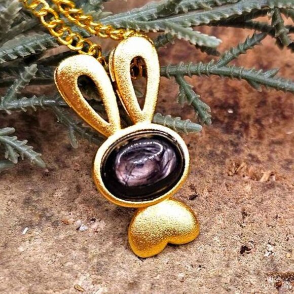Silver Obsidian Flashy Stone Gold Matte Cute Bunny Pendant Necklace - Picture 1 of 10